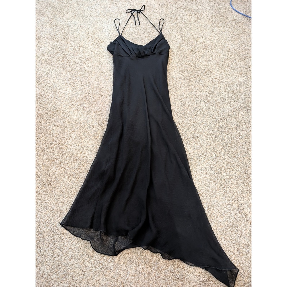 Twenty One Black Halter Maxi Dress Handkerchief Hem Pleated Size Medium 4 Y2K